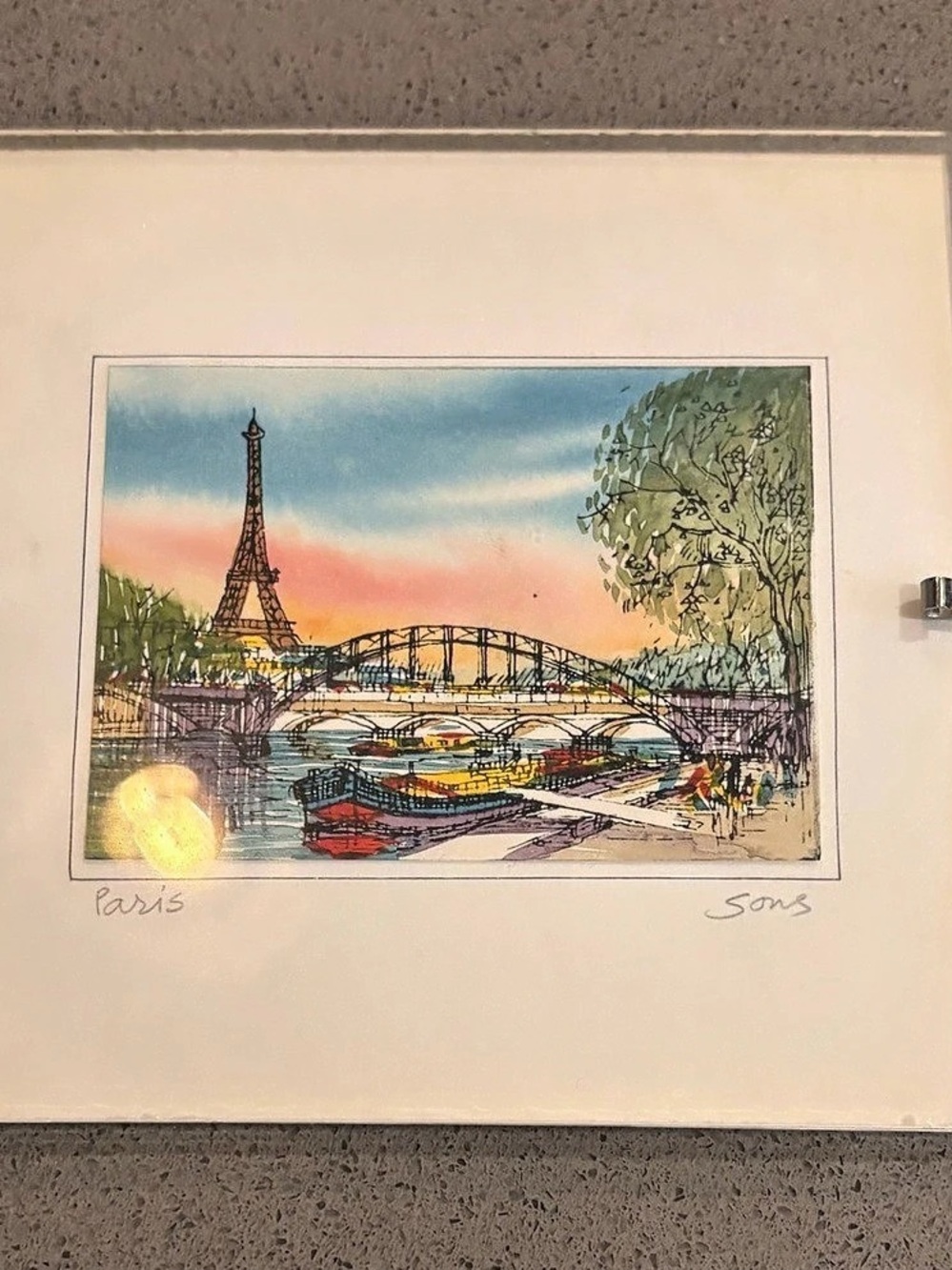 Vintage Paris Miniature Watercolor Pair Signed Sons Eiffel Tower Montmartre